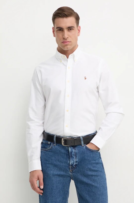 Βαμβακερό πουκάμισο Polo Ralph Lauren μακρύ λευκό 710792041