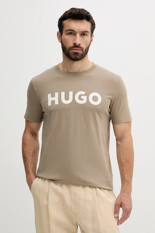 Βαμβακερό μπλουζάκι HUGO στάμπα μπεζ 50467556