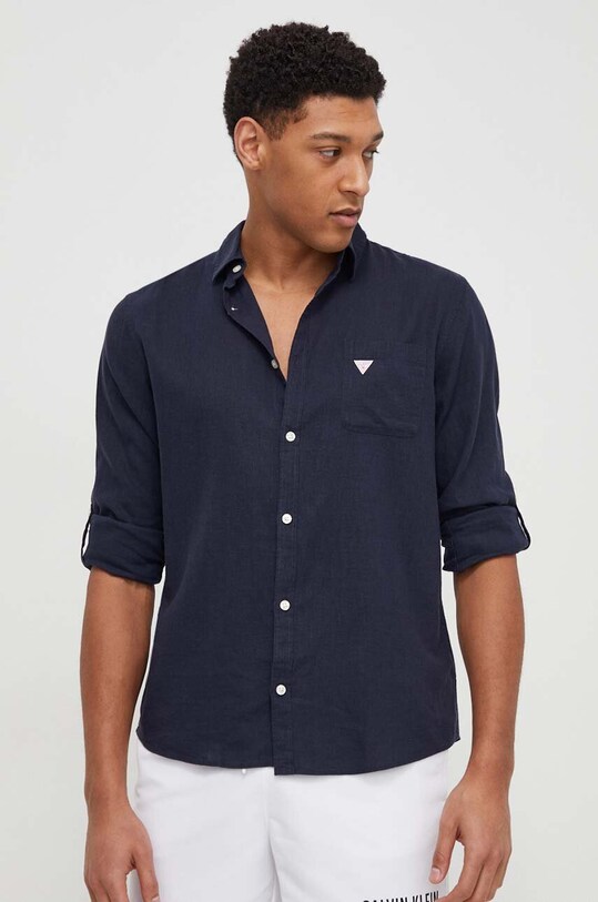 Πουκάμισο από λινό Guess μακρύ σκούρο μπλε F4GH00.WG3L0