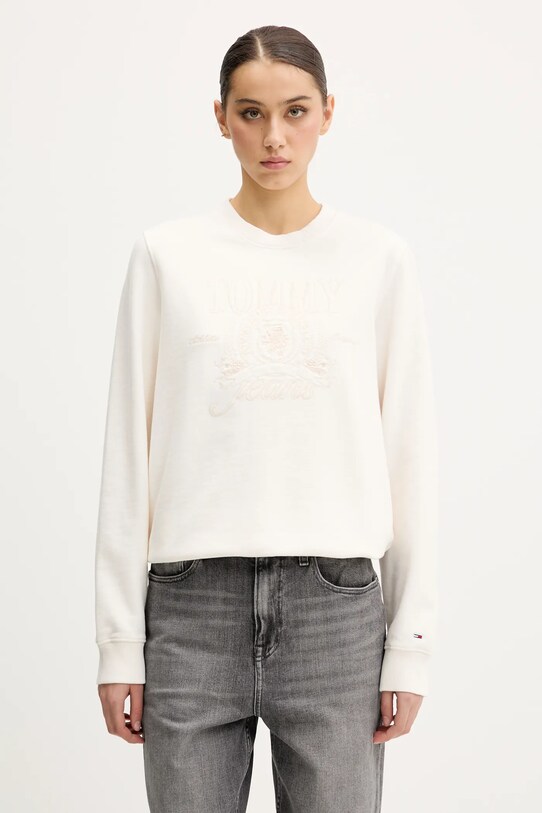 Βαμβακερή μπλούζα Tommy Jeans χωρίς κουκούλα μπεζ DW0DW20637