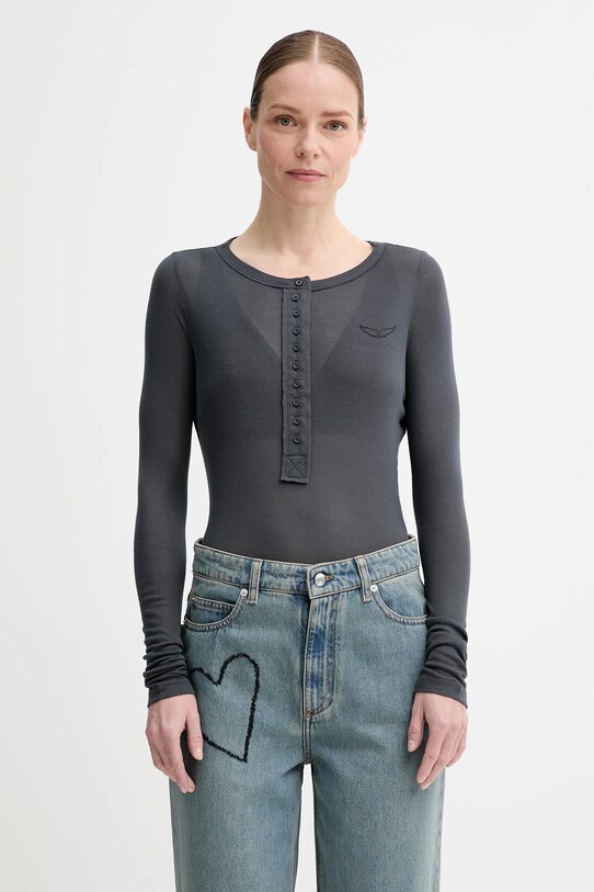 Βαμβακερή μπλούζα με μακριά μανίκια ZADIG&VOLTAIRE slim γκρί JWTS02690.21