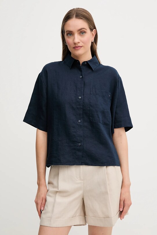 Πουκάμισο από λινό Tommy Hilfiger casual σκούρο μπλε WW0WW44720