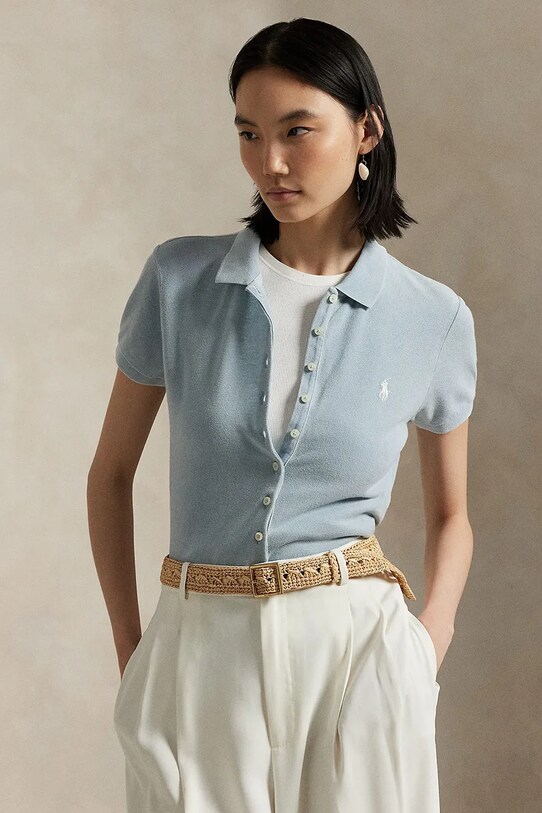 Βαμβακερό μπλουζάκι πόλο Polo Ralph Lauren slim μπλε 211965095