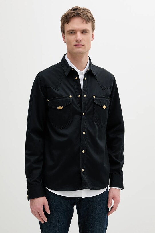 Βαμβακερό πουκάμισο Versace Jeans Couture μακρύ μαύρο 78GAL250.CDWRB