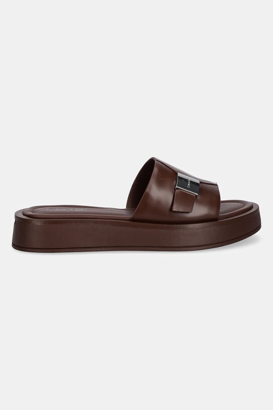 Δερμάτινες παντόφλες Calvin Klein FLATFORM SLIDE W/CK HW - LTH HW0HW02368 καφέ SS25