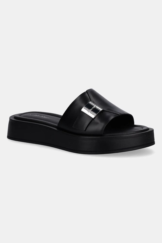Δερμάτινες παντόφλες Calvin Klein FLATFORM SLIDE W/CK HW - LTH ίσια πλατφόρμα μαύρο HW0HW02368
