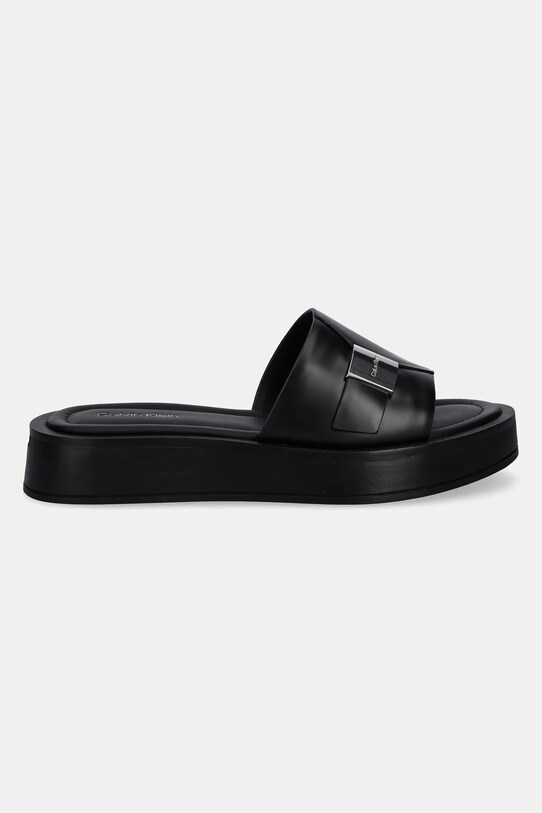 Δερμάτινες παντόφλες Calvin Klein FLATFORM SLIDE W/CK HW - LTH HW0HW02368 μαύρο SS25
