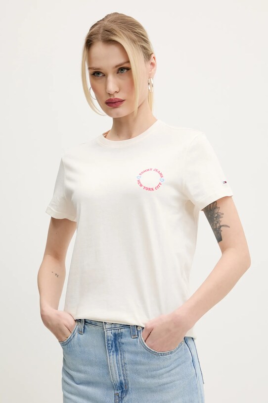 Βαμβακερό μπλουζάκι Tommy Jeans βαμβάκι μπεζ DW0DW21768