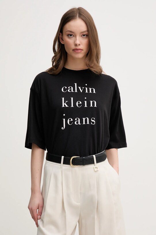 Βαμβακερό μπλουζάκι Calvin Klein Jeans στάμπα μαύρο LV047B827G